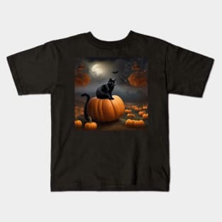 Black cat in pumpkin patch Kids T-Shirt